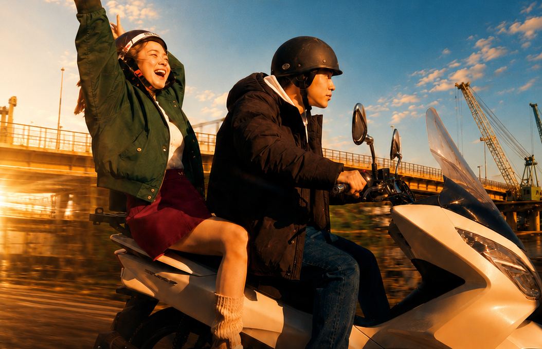 Yuto et Yukiha à scooter le long du port, au coucher du soleil